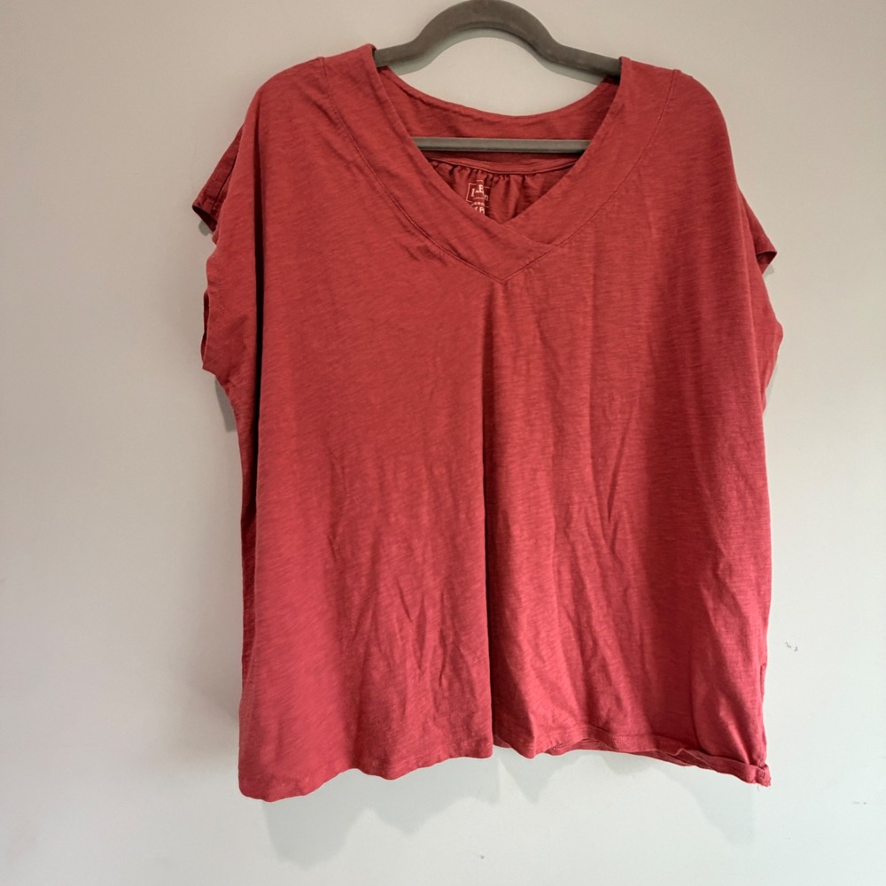 LL Bean V Neck T Shirt Women 2X Plus Red Organic Cotton Slub Knit Minimalist